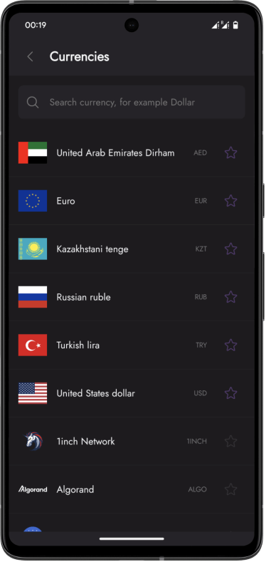 Exchange It app showing favourite currencies